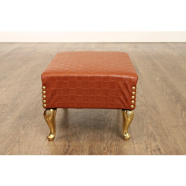 Italian Hollywood Regency Pair of Brass and Leather Foot Stools For Sale - Image 10 of 12