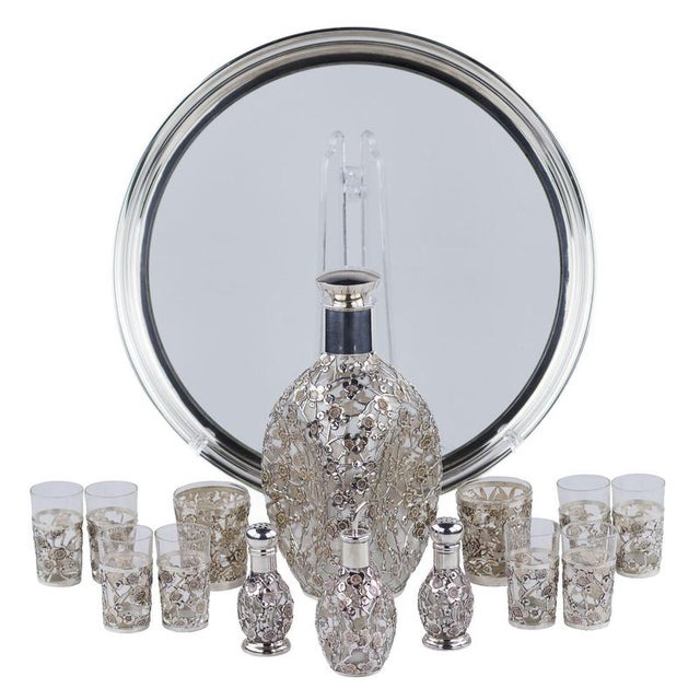 Liqueur Set with Pierced Sterling Silver Overlay, Set of 14 For Sale - Image 10 of 12