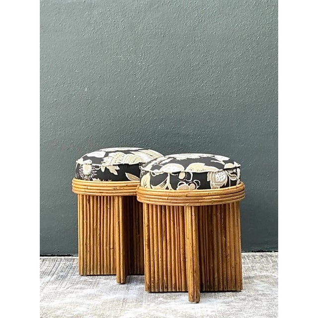 Vintage Schumacher Pencil Reed Upholstered Stools - Pair For Sale - Image 4 of 12