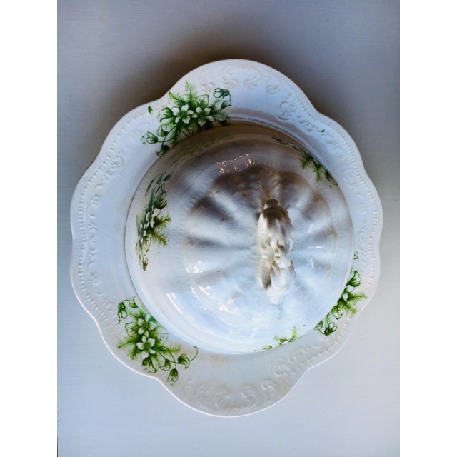 Wellsville China Co. Tabletop serve ware - Set of 3 Asparagus green transferware on delicately molded bisque china. 2...