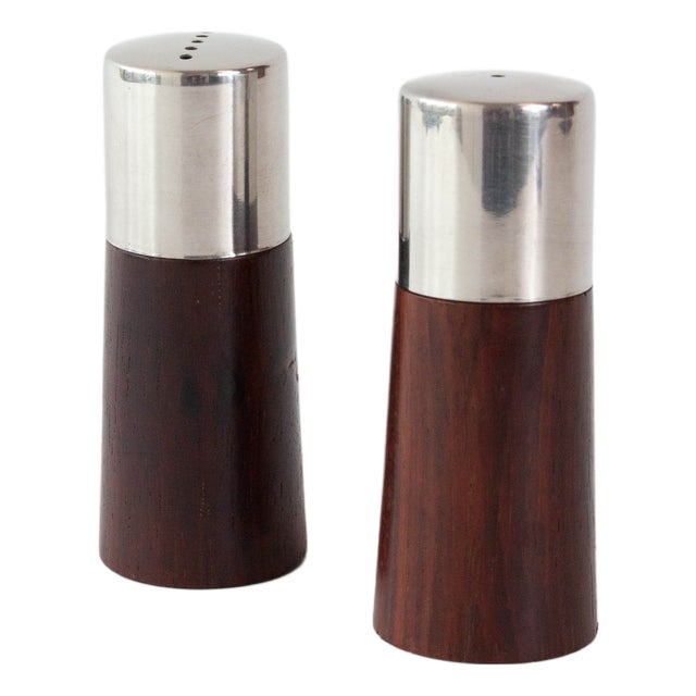 Vintage Danish Wood and Chrome Salt and Pepper Shakers, 1960s, Set of 2 For Sale