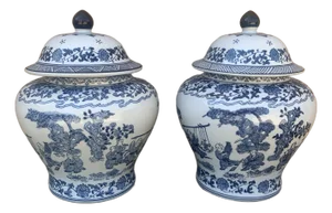 Vintage Chinoiserie Large Blue and White Porcelain Covered Jars- a Pair