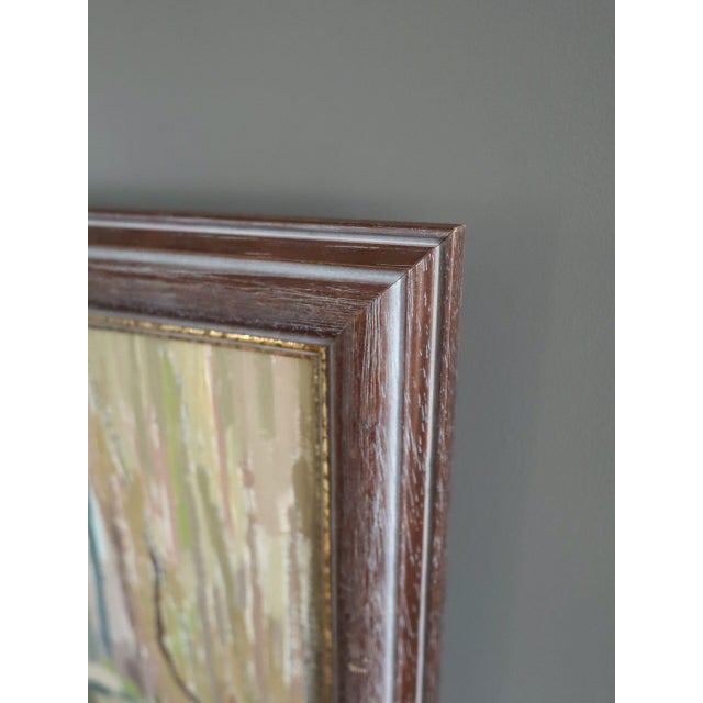 Textile Mid-Century Modern 'Cottage Beyond the Trees' Vintage Original Landscape Oil Painting, Framed For Sale - Image 7 of 11