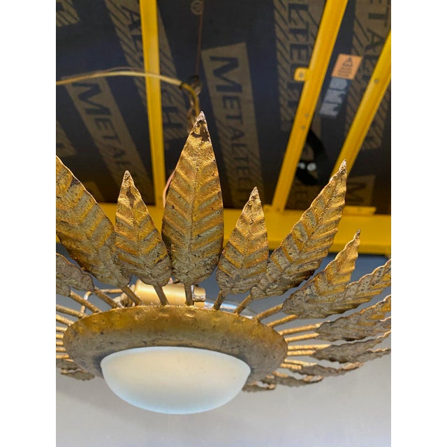 Gold Spanish Gilt Metal Feathered Crown Ceiling Fixture With Opaline Globe For Sale - Image 8 of 12