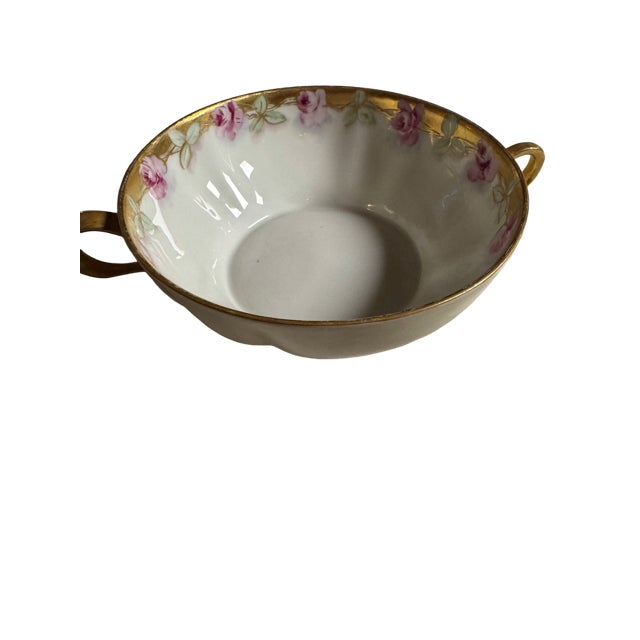 American Antique Haviland Cream Soup With Handles. Gold and Rose Pattern. For Sale - Image 3 of 3
