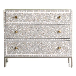 Arabesque Mother of Pearl Inlay Three-Drawer Dresser - Grey by House of Jaipur For Sale