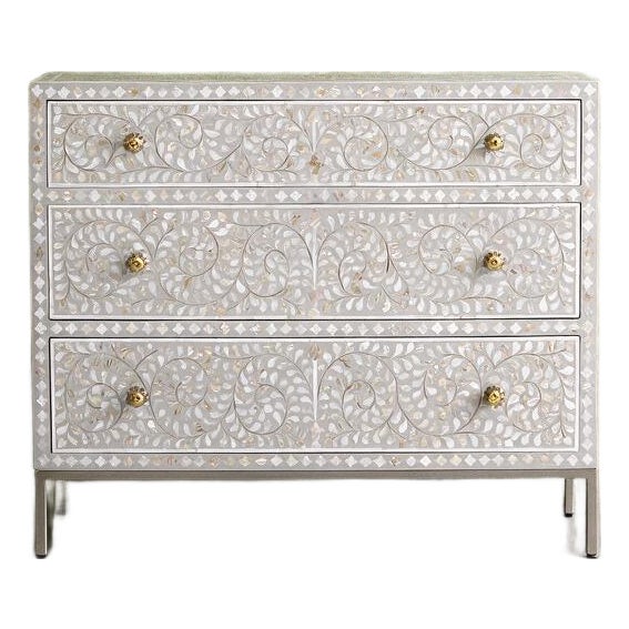 Arabesque Mother of Pearl Inlay Three-Drawer Dresser - Grey by House of Jaipur For Sale
