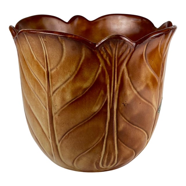 Brown Earthenware Flowerpot with Ribbed Leaf Effect, 1960s For Sale
