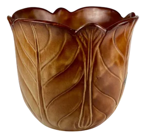 Brown Earthenware Flowerpot with Ribbed Leaf Effect, 1960s