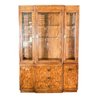 Drexel Heritage Passage Lighted China Cabinet, Campaign Style Display Hutch, 1980s For Sale