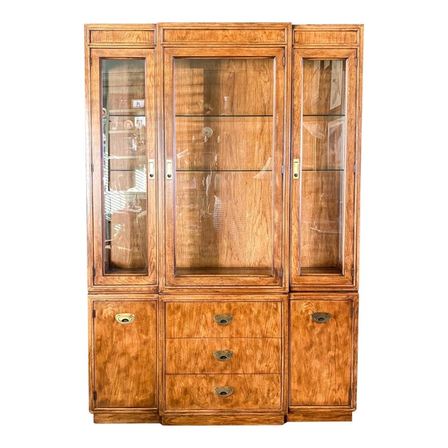 Drexel Heritage Passage Lighted China Cabinet, Campaign Style Display Hutch, 1980s For Sale
