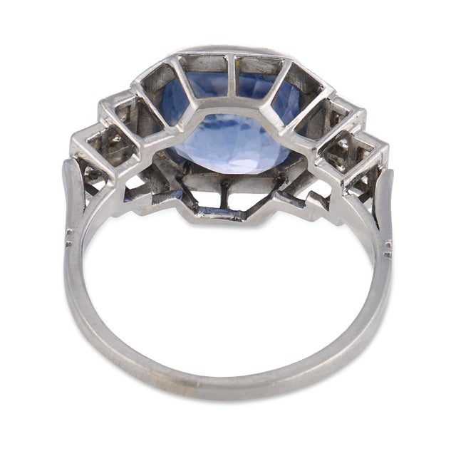 1920s French Art Deco Gia 4.50 Carat Ceylon No Heat Sapphire Diamond Platinum Ring, Size 6.25 For Sale In Los Angeles - Image 6 of 6