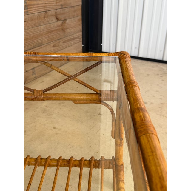 Vintage Rattan and Bamboo Coffee Table With Glass Top and Lower Shelf For Sale - Image 9 of 12