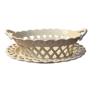 Antique 18th Century George III Creamware Chestnut Basket and Under Tray