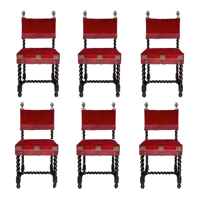 Early 20th Century Spanish Carved Walnut Dining Chairs, Set of 6 For Sale