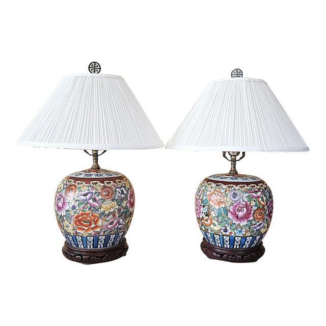 Vintage Hand-Painted Floral Porcelain Table Lamps – a Pair For Sale