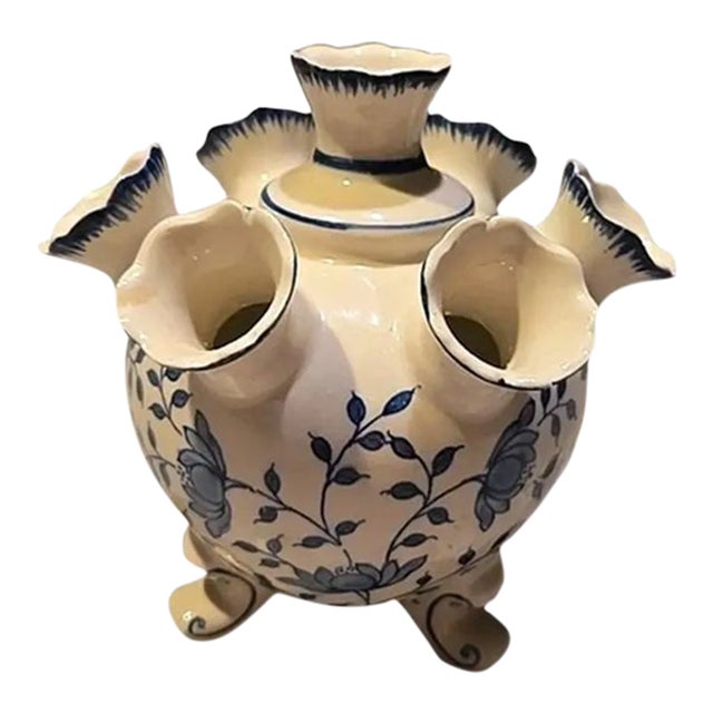 Vintage Andrea by Sadek Blue in Bloom Williamsburg 7 Neck Blue and White Tulip Vase For Sale