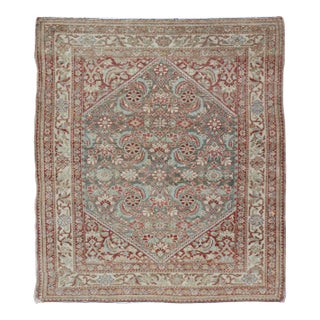 Squared Shape Hand Knotted Antique Persian Fine Hamadan Rug With All Over Geometric Design For Sale