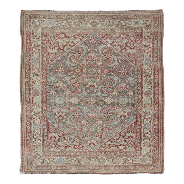 Squared Shape Hand Knotted Antique Persian Fine Hamadan Rug With All Over Geometric Design For Sale