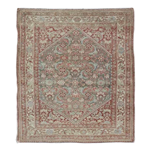 Squared Shape Hand Knotted Antique Persian Fine Hamadan Rug With All Over Geometric Design