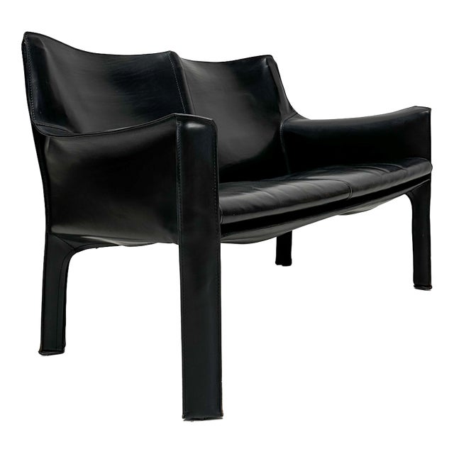 Vintage Italian CAB 414 2-Seater Sofa in in Black Leather by Mario Bellini for Cassina, 1980s For Sale