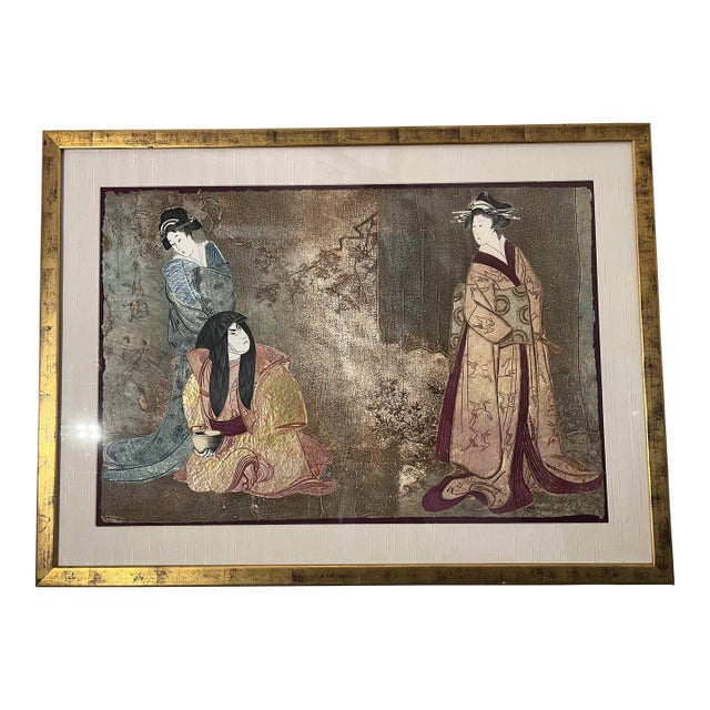 1980s Large Asian Mixed Media Framed Art Signed Mikulas Kravjansky For Sale