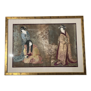 1980s Large Asian Mixed Media Framed Art Signed Mikulas Kravjansky