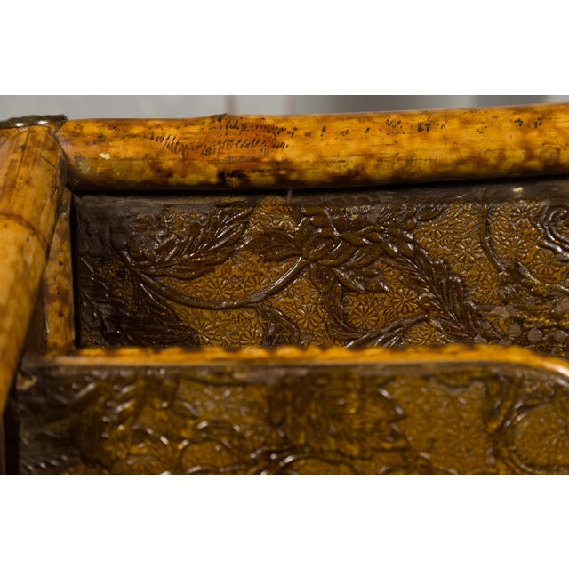 English 1900s Bamboo Leather Canterbury Magazine Rack with Chinoiserie Motifs For Sale - Image 9 of 12