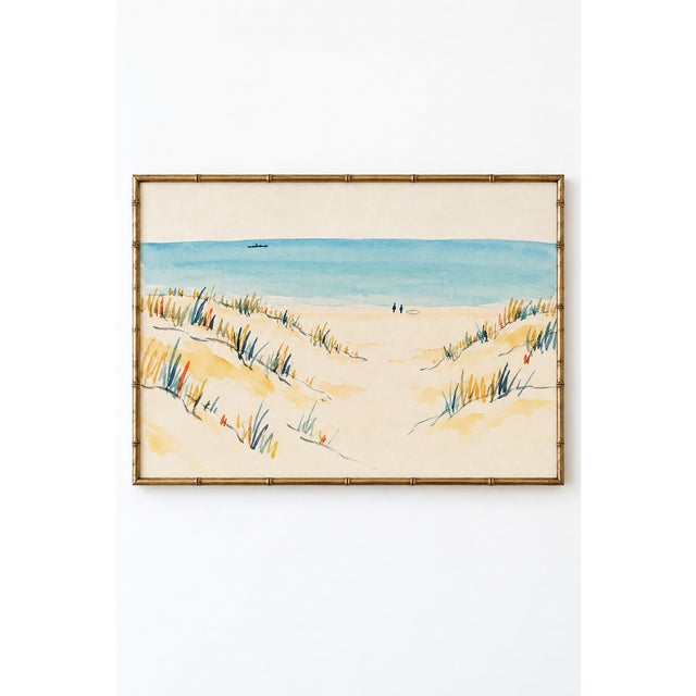 A sandy path winds between grassy dunes toward a tranquil turquoise sea in this airy coastal beach art print. Delicate...