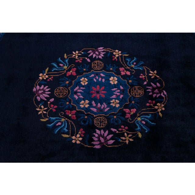 Antique Art Deco Dark Indigo Chinese Wool Rug 9 Ft X 11 Ft 10 In. For Sale - Image 10 of 13