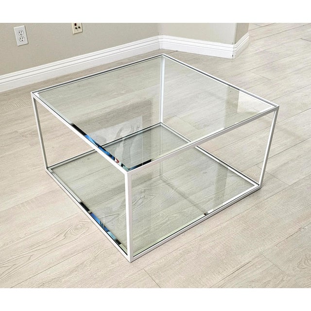 DUX Vintage Dux Sweden Minimalist White Metal Frame Two-Tier Glass Coffee Table For Sale - Image 4 of 5
