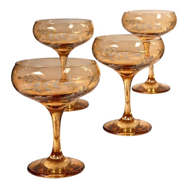2020s Amber Smoked Etched Champagne Coupe Glasses - Set of 4 For Sale - Image 5 of 7