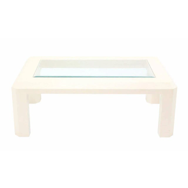 Glass Mid-Century Modern Textured Grass Cloth Rafia Rectangular Glass Top Coffee Table For Sale - Image 7 of 9