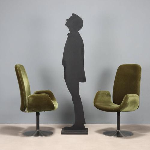 Pair of vintage Italian-made armchairs with foam padding and original olive green fabric upholstery, featuring chromed and...