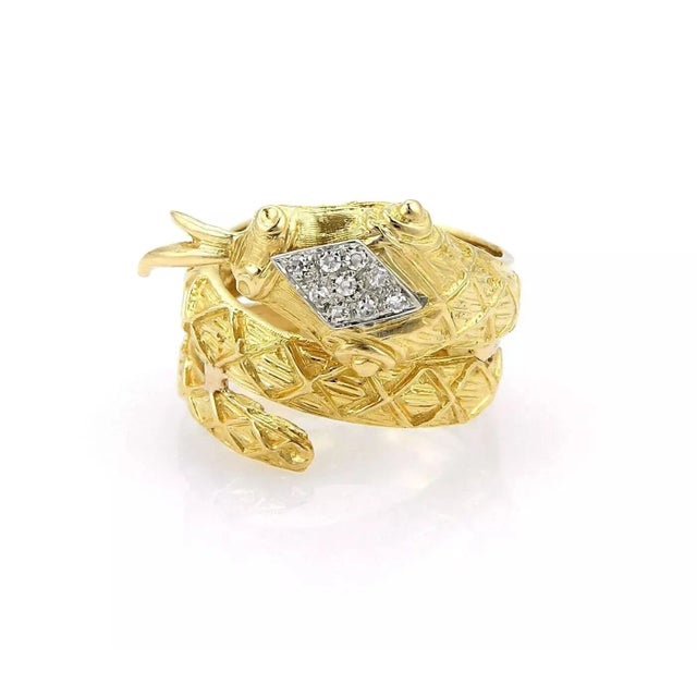 Contemporary Diamond Coiled Snake 10mm Wide Wrap 18k Yellow Gold Ring - Size 6.5 For Sale - Image 3 of 7