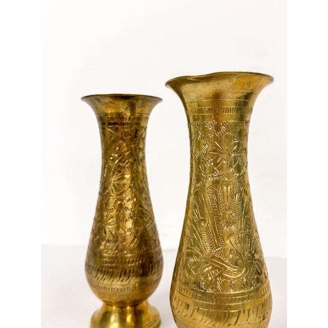 Mid 20th Century Pair of Vintage Hand Etched Brass Flower Vase Hollywood Regency Vessels MCM For Sale - Image 5 of 8