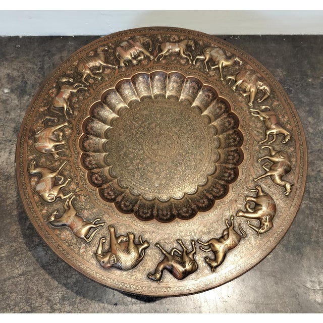 Mid-Century Modern Vintage Morrocan Brass Tray Table With Folding Hand Carved Wood Base For Sale - Image 3 of 8