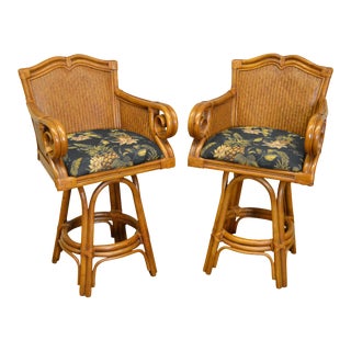 Rattan Swivel Seat Arm Chairs Bar Stools - a Pair For Sale
