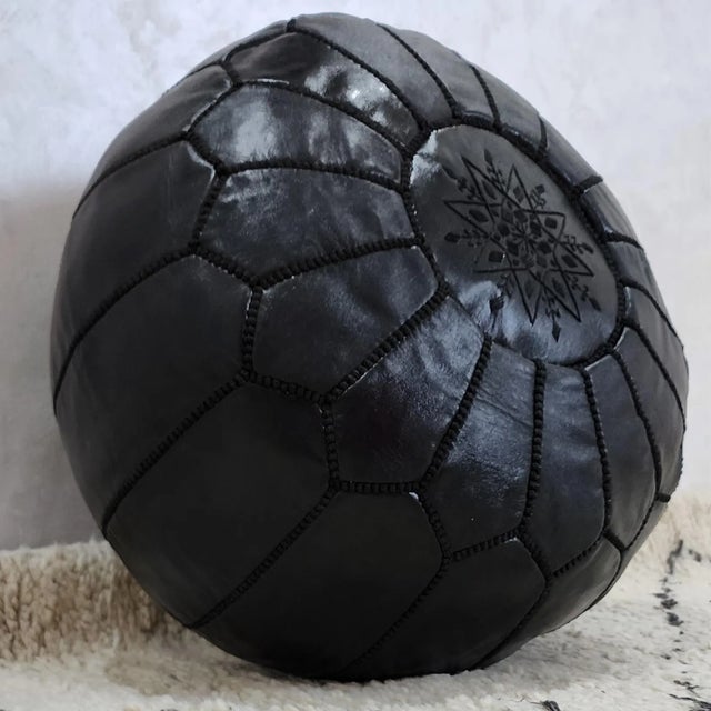 Animal Skin Handcrafted Moroccan Black Leather Pouf Cover – Genuine Goat Leather Ottoman, Hand-Stitched Marrakech Artisan, Minimalist Boho Decor For Sale - Image 7 of 8