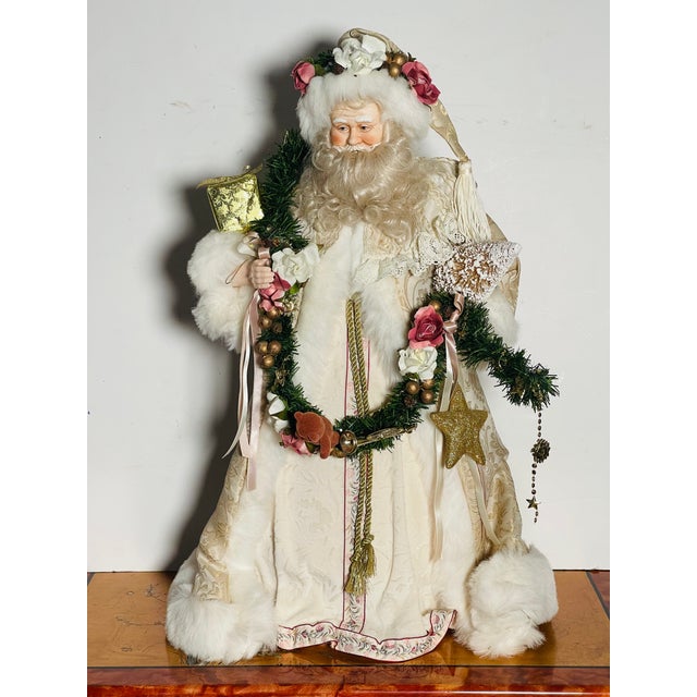Gorgeous vintage Santa Claus figurine in white brocade coat with faux fur trim, porcelain face. Can be free standing or as...