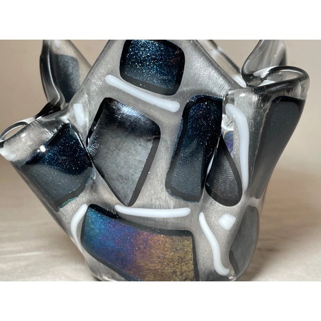 Black Vintage Hand Made Blown Iridescent Lustre Glass Handkerchief Vase Bowl For Sale - Image 8 of 13