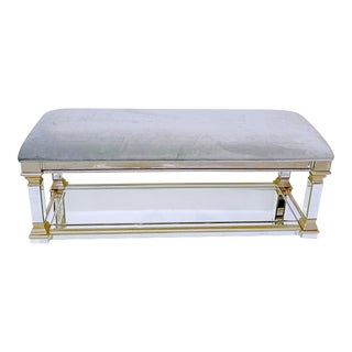 Silver Mirrored Glass Upholstered Bench With a Gray Velvet Seat For Sale