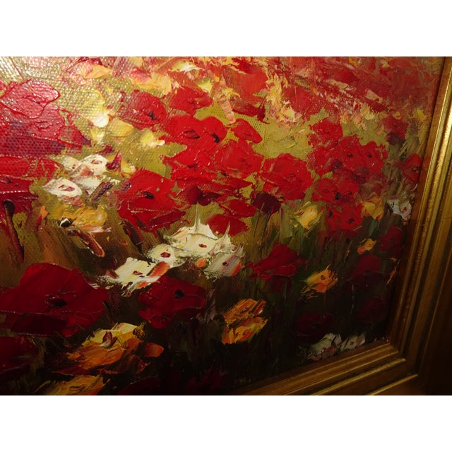 Wood Vintage Oil on Canvas Red Field of Flowers Painting Picture in Gold Frame For Sale - Image 7 of 16
