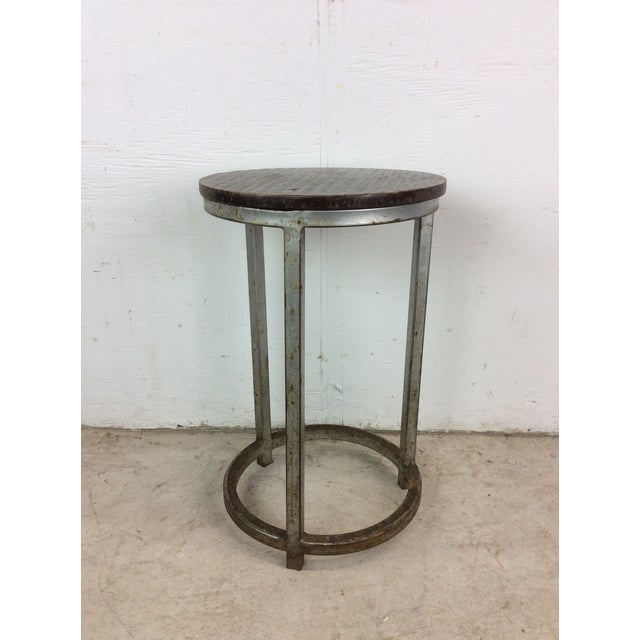 Mid Century Industrial Style Footstool With Wood Top For Sale - Image 4 of 12