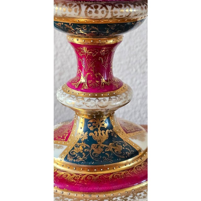 Pair of Antique Austrian Porcelain Urns, Hand-Painted Figural Scenes, Heavy Gilt, C. 1900 For Sale - Image 14 of 18