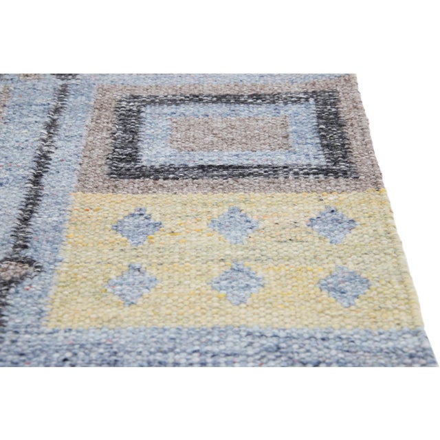 Modern Swedish Style Handwoven Blue Custom Wool Rug For Sale - Image 4 of 6
