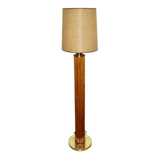 Vintage Nova of California Oak Faux Bamboo & Brass Column Floor Lamp With Burlap Shade For Sale