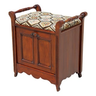 Vintage English-Style Mahogany Hall Bench With Shoe Storage Cabinet & Upholstered Seat For Sale