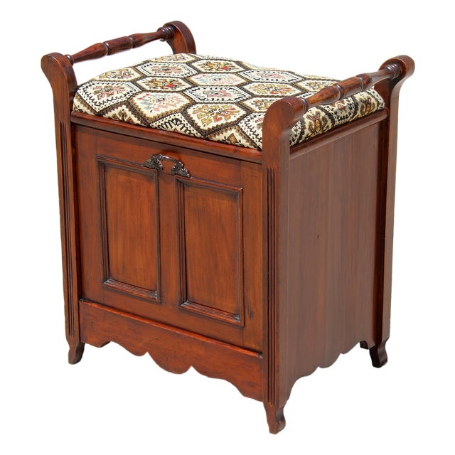 Vintage English-Style Mahogany Hall Bench With Shoe Storage Cabinet & Upholstered Seat For Sale