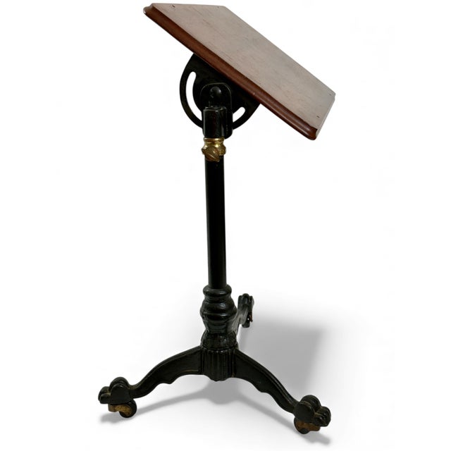 19th Century Antique Cast Iron Drafting Reading Side Table or Desk, Adjustable Lectern With Oak Top & Paw Foot Base For Sale - Image 4 of 12